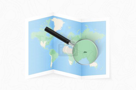 Illustration for Enlarge Bhutan with a magnifying glass on a folded map of the world. - Royalty Free Image