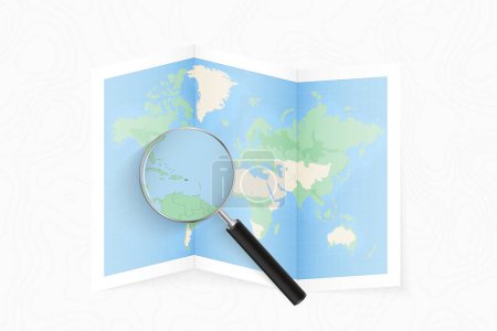 Illustration for Enlarge Puerto Rico with a magnifying glass on a folded map of the world. - Royalty Free Image