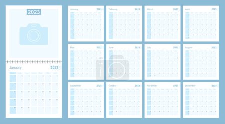 2023 wall planner in blue color, week starts on Sunday.