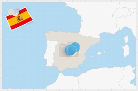 Ilustración de Mapa de España con un alfiler azul. Bandera de España. - Imagen libre de derechos