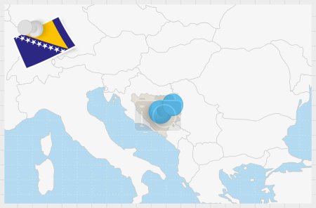 Téléchargez les illustrations : Carte de la Bosnie-Herzégovine avec une épinglette bleue. Pavillon épinglé de Bosnie-Herzégovine. - en licence libre de droit