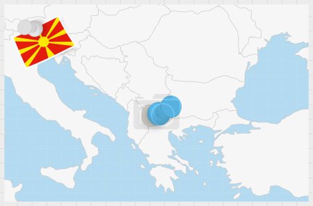 Téléchargez les illustrations : Carte de la Macédoine avec une épingle bleue épinglée. Pavillon épinglé de Macédoine. - en licence libre de droit