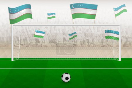 Téléchargez les illustrations : Fans de l'équipe d'Ouzbékistan de football avec des drapeaux de l'Ouzbékistan acclamant sur le stade, concept de penalty kick dans un match de football. - en licence libre de droit