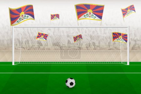 Ilustración de Tibet football team fans with flags of Tibet cheering on stadium, penalty kick concept in a soccer match. - Imagen libre de derechos