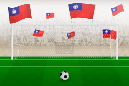 Ilustración de Taiwan football team fans with flags of Taiwan cheering on stadium, penalty kick concept in a soccer match. - Imagen libre de derechos