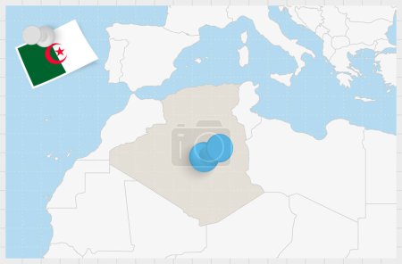 Ilustración de Mapa de Argelia con un alfiler azul. Bandera de Argelia. - Imagen libre de derechos