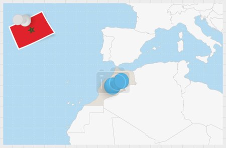 Carte du Maroc avec une broche bleue épinglée. Pavillon épinglé du Maroc.