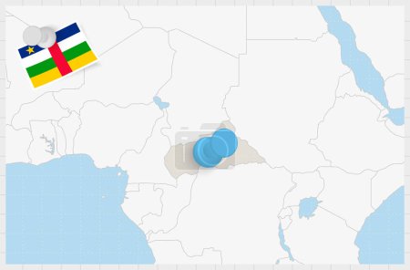 Ilustración de Mapa de República Centroafricana con una clavija azul. Bandera de República Centroafricana. - Imagen libre de derechos