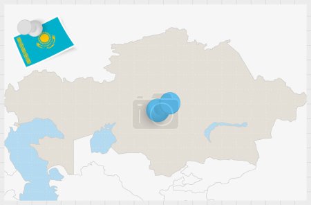 Ilustración de Mapa de Kazajstán con un alfiler azul. Bandera de Kazajstán. - Imagen libre de derechos