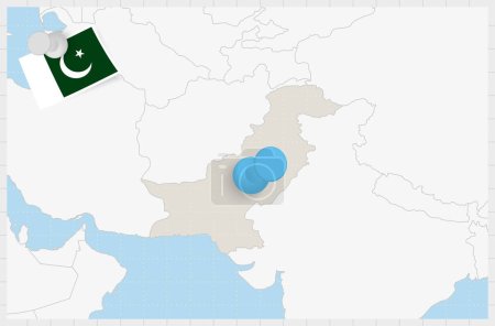 Ilustración de Mapa de Pakistán con una clavija azul. Bandera de Pakistán. - Imagen libre de derechos