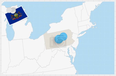 Ilustración de Mapa de Pensilvania con un alfiler azul. Bandera de Pennsylvania. - Imagen libre de derechos