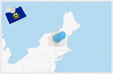 Ilustración de Mapa de Vermont con una clavija azul. Bandera de Vermont. - Imagen libre de derechos