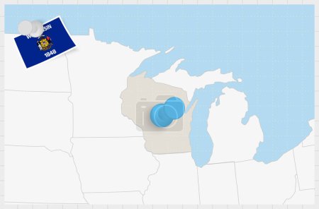 Ilustración de Mapa de Wisconsin con una clavija azul. Bandera de Wisconsin. - Imagen libre de derechos
