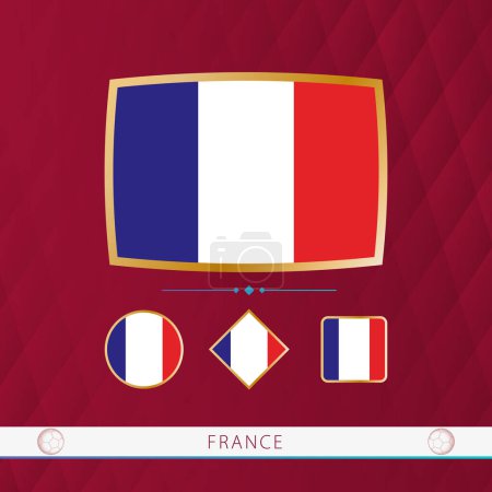 Illustration for Set of France flags with gold frame for use at sporting events on a burgundy abstract background. - Royalty Free Image