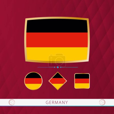 Illustration for Set of Germany flags with gold frame for use at sporting events on a burgundy abstract background. - Royalty Free Image