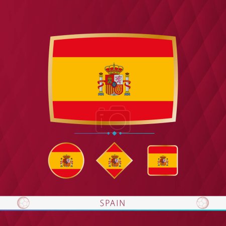 Illustration for Set of Spain flags with gold frame for use at sporting events on a burgundy abstract background. - Royalty Free Image