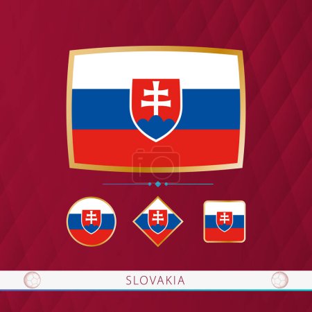 Illustration for Set of Slovakia flags with gold frame for use at sporting events on a burgundy abstract background. - Royalty Free Image