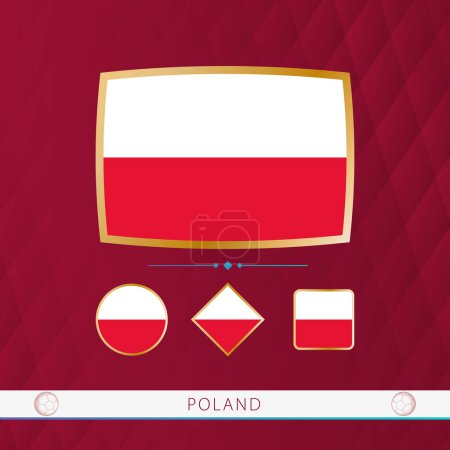 Illustration for Set of Poland flags with gold frame for use at sporting events on a burgundy abstract background. - Royalty Free Image