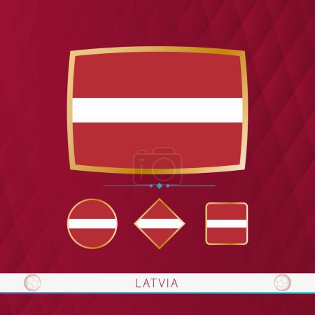 Illustration for Set of Latvia flags with gold frame for use at sporting events on a burgundy abstract background. - Royalty Free Image