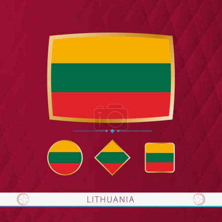 Illustration for Set of Lithuania flags with gold frame for use at sporting events on a burgundy abstract background. - Royalty Free Image