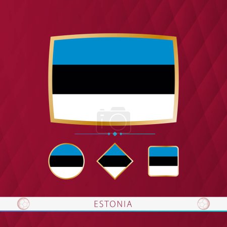 Illustration for Set of Estonia flags with gold frame for use at sporting events on a burgundy abstract background. - Royalty Free Image