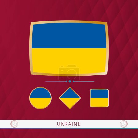 Illustration for Set of Ukraine flags with gold frame for use at sporting events on a burgundy abstract background. - Royalty Free Image