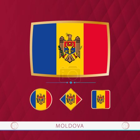 Illustration for Set of Moldova flags with gold frame for use at sporting events on a burgundy abstract background. - Royalty Free Image