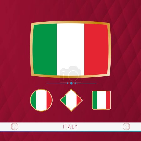 Illustration for Set of Italy flags with gold frame for use at sporting events on a burgundy abstract background. - Royalty Free Image