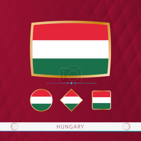 Illustration for Set of Hungary flags with gold frame for use at sporting events on a burgundy abstract background. - Royalty Free Image