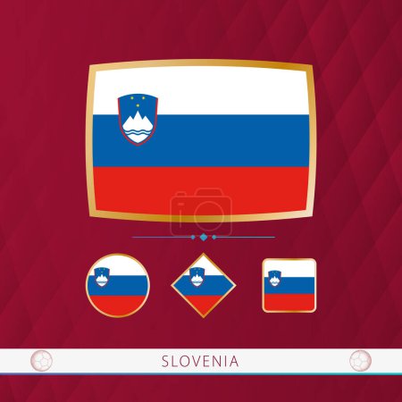 Illustration for Set of Slovenia flags with gold frame for use at sporting events on a burgundy abstract background. - Royalty Free Image