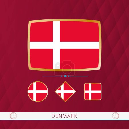Illustration for Set of Denmark flags with gold frame for use at sporting events on a burgundy abstract background. - Royalty Free Image