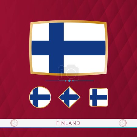 Illustration for Set of Finland flags with gold frame for use at sporting events on a burgundy abstract background. - Royalty Free Image