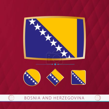 Illustration for Set of Bosnia and Herzegovina flags with gold frame for use at sporting events on a burgundy abstract background. - Royalty Free Image