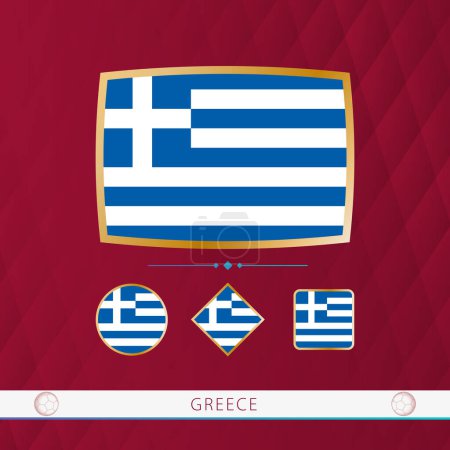 Illustration for Set of Greece flags with gold frame for use at sporting events on a burgundy abstract background. - Royalty Free Image