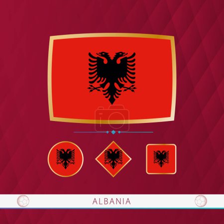 Illustration for Set of Albania flags with gold frame for use at sporting events on a burgundy abstract background. - Royalty Free Image