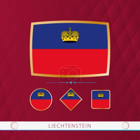 Illustration for Set of Liechtenstein flags with gold frame for use at sporting events on a burgundy abstract background. - Royalty Free Image