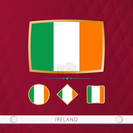 Illustration for Set of Ireland flags with gold frame for use at sporting events on a burgundy abstract background. - Royalty Free Image