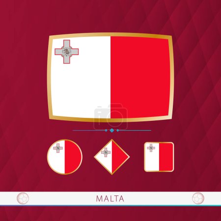 Illustration for Set of Malta flags with gold frame for use at sporting events on a burgundy abstract background. - Royalty Free Image