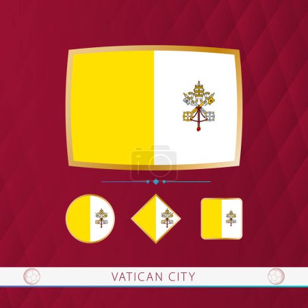 Illustration for Set of Vatican City flags with gold frame for use at sporting events on a burgundy abstract background. - Royalty Free Image