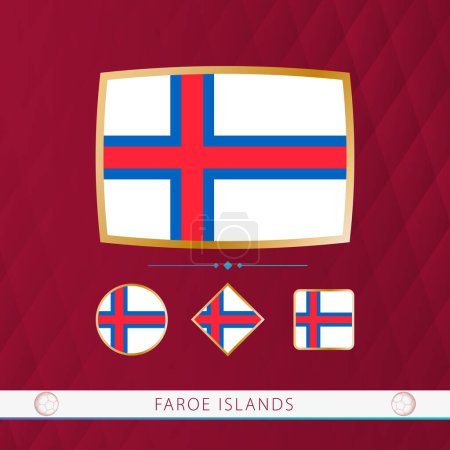 Illustration for Set of Faroe Islands flags with gold frame for use at sporting events on a burgundy abstract background. - Royalty Free Image