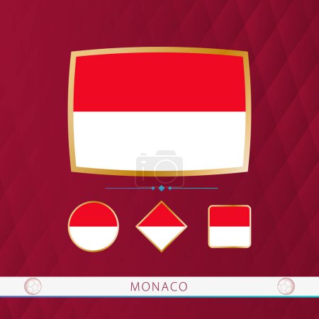 Illustration for Set of Monaco flags with gold frame for use at sporting events on a burgundy abstract background. - Royalty Free Image