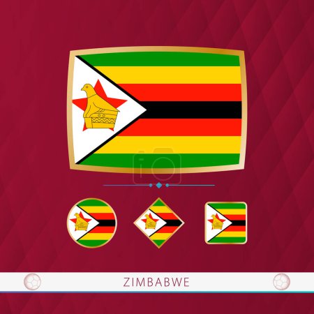 Illustration for Set of Zimbabwe flags with gold frame for use at sporting events on a burgundy abstract background. - Royalty Free Image