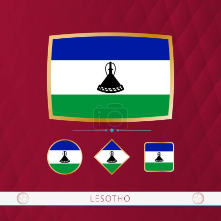 Ilustración de Set of Lesotho flags with gold frame for use at sporting events on a burgundy abstract background. - Imagen libre de derechos