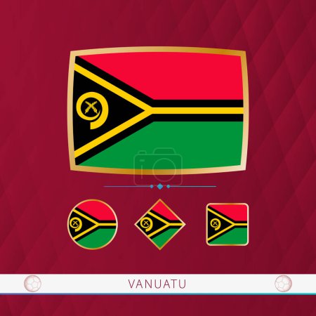 Illustration for Set of Vanuatu flags with gold frame for use at sporting events on a burgundy abstract background. - Royalty Free Image