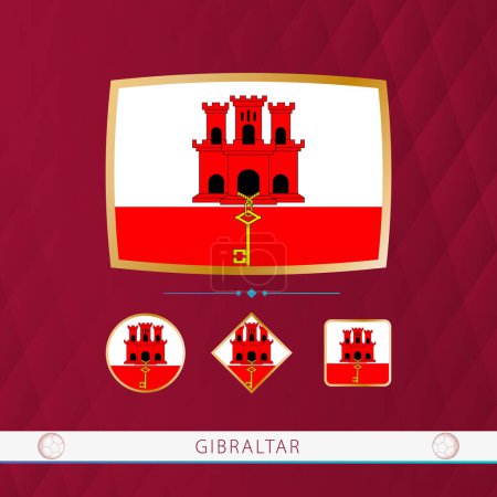 Illustration for Set of Gibraltar flags with gold frame for use at sporting events on a burgundy abstract background. - Royalty Free Image
