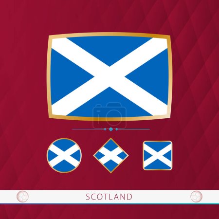 Illustration for Set of Scotland flags with gold frame for use at sporting events on a burgundy abstract background. - Royalty Free Image