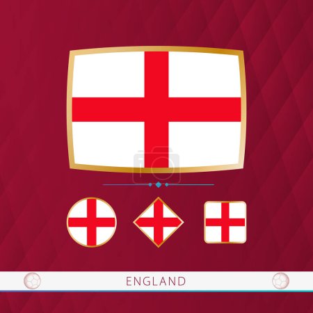 Illustration for Set of England flags with gold frame for use at sporting events on a burgundy abstract background. - Royalty Free Image