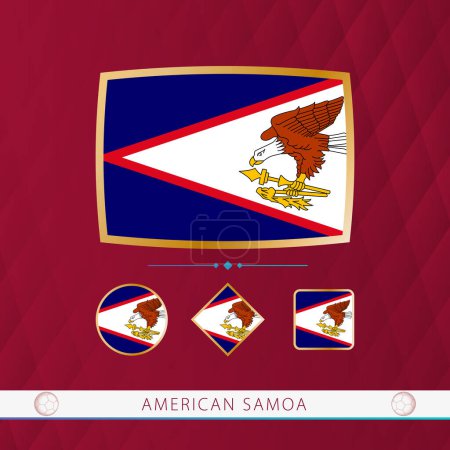 Ilustración de Conjunto de banderas de Samoa Americana con marco de oro para su uso en eventos deportivos sobre un fondo abstracto burdeos. - Imagen libre de derechos