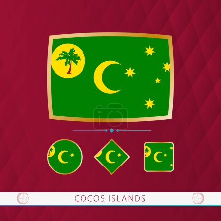 Ilustración de Set de banderas Cocos Islands con marco dorado para su uso en eventos deportivos sobre fondo abstracto borgoña. - Imagen libre de derechos
