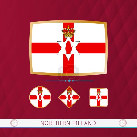 Illustration for Set of Northern Ireland flags with gold frame for use at sporting events on a burgundy abstract background. - Royalty Free Image